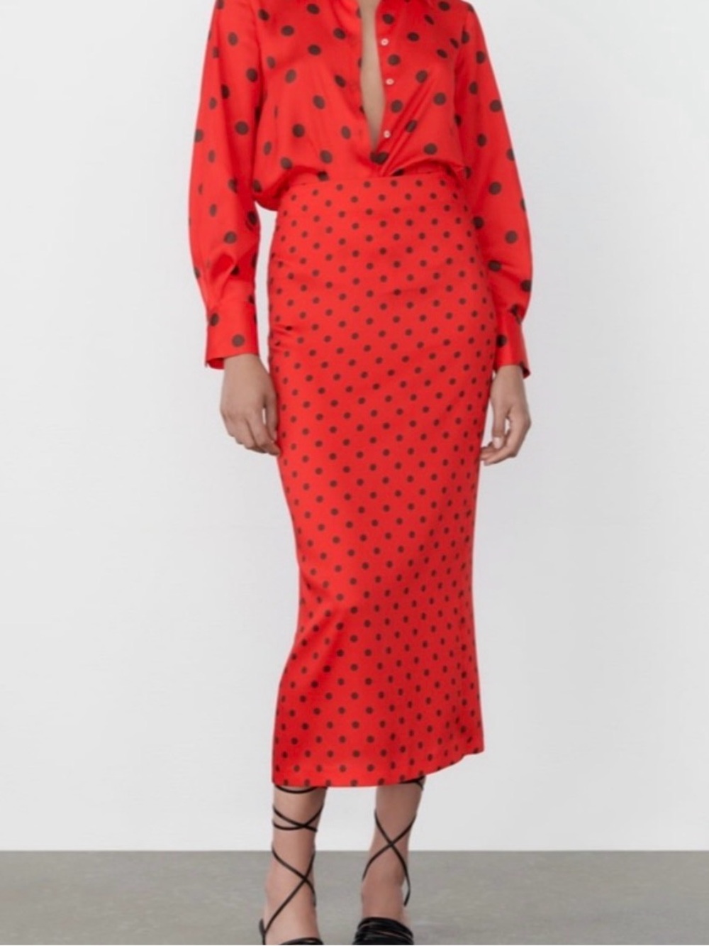 Zara Red Midi Skirt with Black Polka Dots